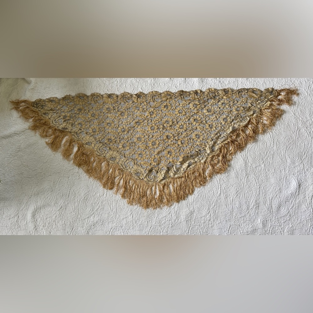 Gold and Gray Lace Shawl with Fringe from Spain